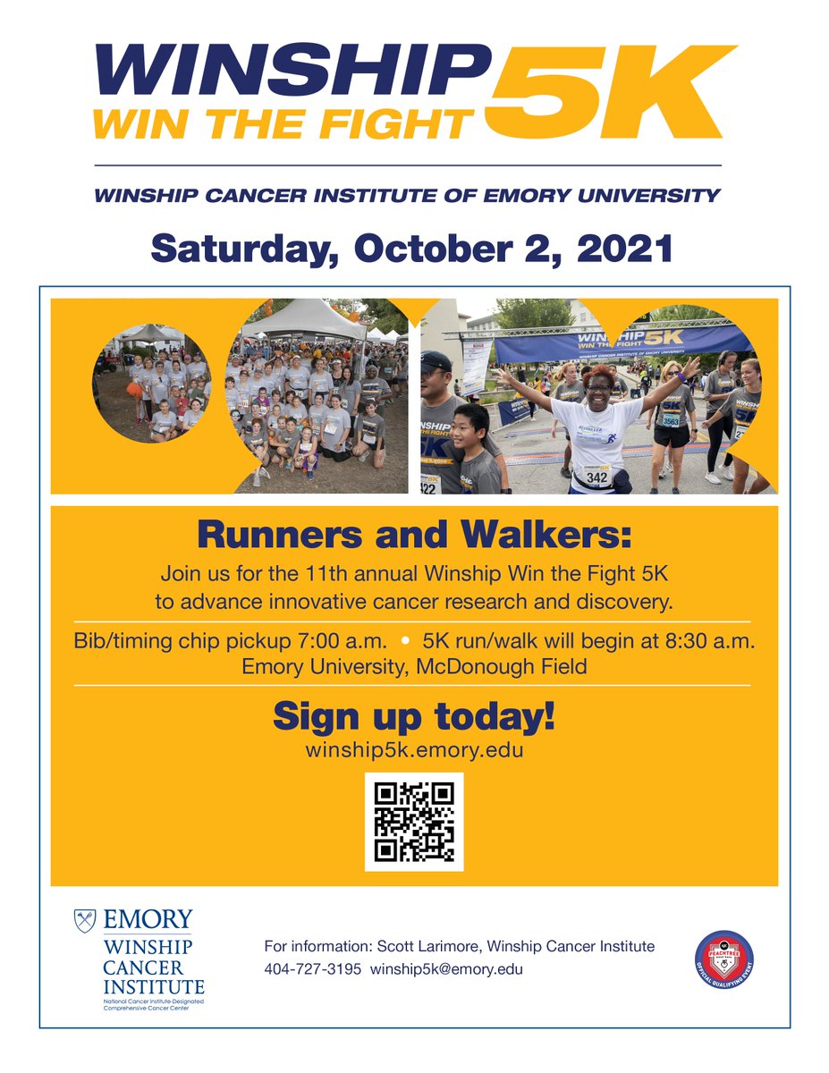 There is still time to register for the Winship 5K walk/run. The virtual race has started and the in-person event will be this Saturday, October 2nd at 8:30AM. Can't participate? You can also donate and/or volunteer. 

Learn more and sign up here: buff.ly/2ZrP9Y0