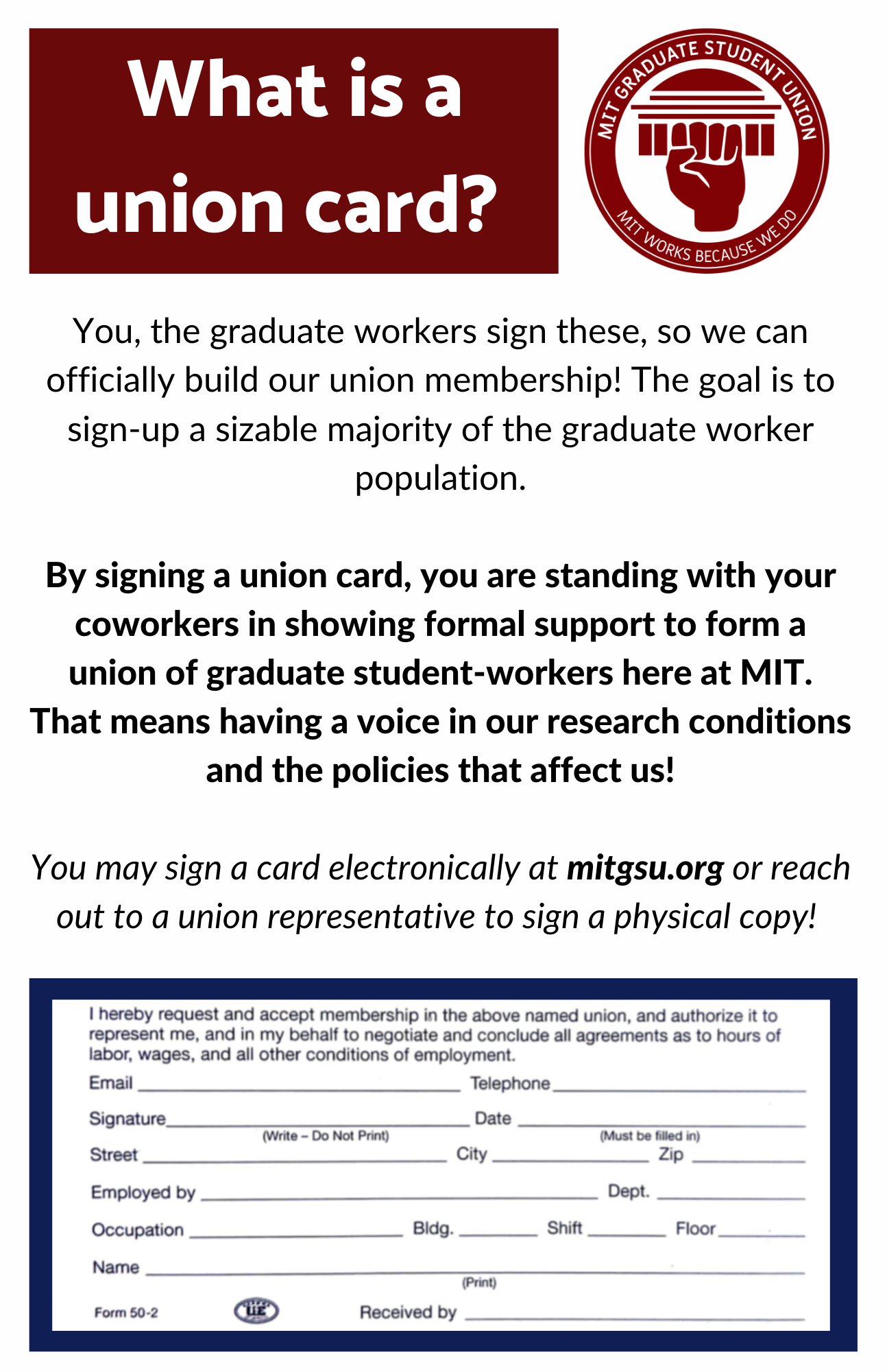 MIT Graduate Student Union on Twitter: "This campaign is essential! Union  cards legally show support for unionizing. Once a supermajority of workers  sign cards, they are used (&amp; required) to petition the