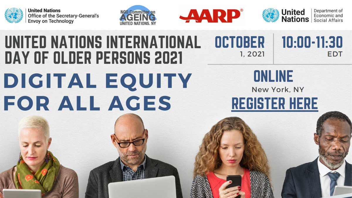 UN4Ageing's tweet photo. “Digital Equity for All Ages” is the theme of #UNIDOP2021. 

#COVID19 has accelerated digital transformation &amp; raised awareness of the importance of access &amp; participation in the digital world by older persons. Learn more✨https://t.co/VmP2eK4QfQ #OlderPersonsDay https://t.co/4beOufrMQ0