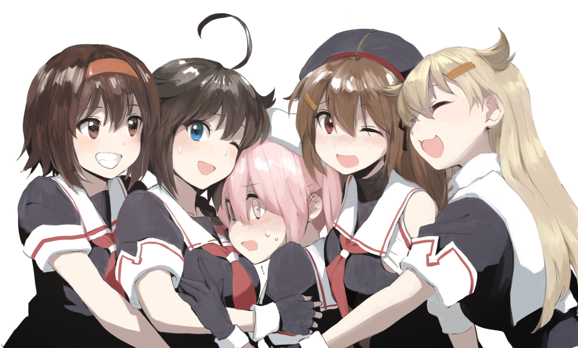 harusame (kancolle) ,murasame (kancolle) ,shigure (kancolle) ,shiratsuyu (kancolle) ,yuudachi (kancolle) multiple girls school uniform black serafuku pink hair brown hair serafuku one eye closed  illustration images