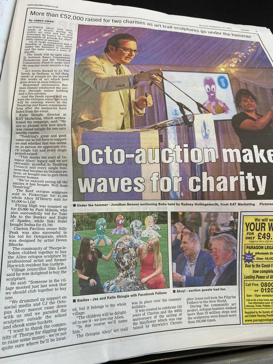 Did you spot any articles about the Octopus Ahoy! charity auction in your local paper today? Here's a peak of the spread featured in <a href="/TheGazette/">The Gazette</a>...

Read the full article here: bit.ly/3ogiKhs

#colchestergazette #charityauction #octopusahoy #essex #auction