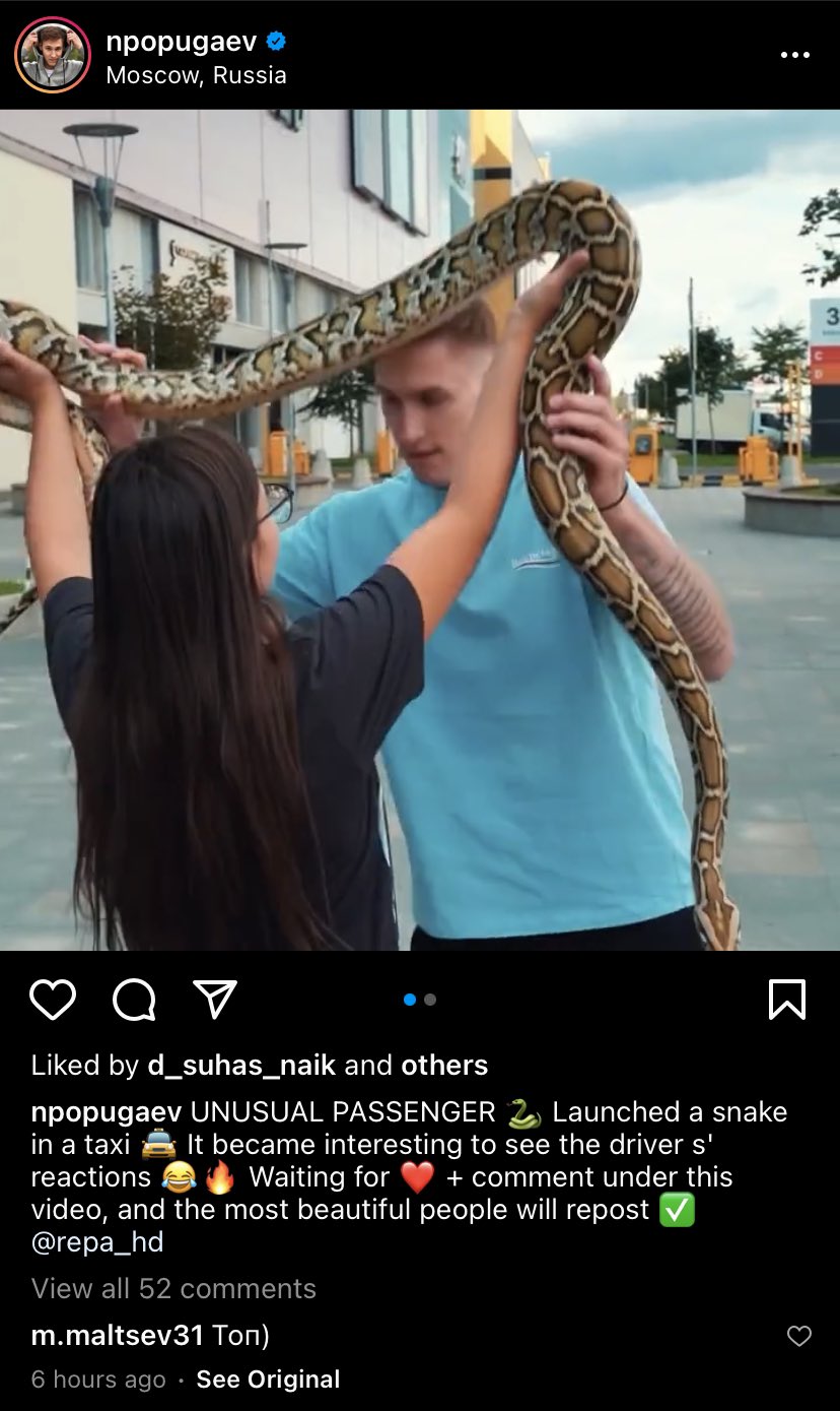 Mike Gould on Twitter: "Popugaev's first Instagram video post appears to be  a prank video in which he releases a snake into a taxi ... ???  https://t.co/qjbZ6acyYO" / Twitter
