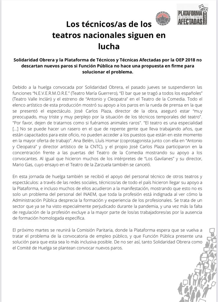 🟥Los técnicos y técnicas de los teatros nacionales <a href="/INAEM_Cultura/">INAEM</a> siguen en lucha

⬛Nota de Prensa. 

📢No descartamos nuevas convocatorias de huelga✊🏼

#LuchaObreraINAEM
 
<a href="/SalvemosZ/">PLATAFORMA DE TRABAJADORXS DEL INAEM</a> 
Plataforma de Técnicos y Técnicas Afectadas por la #OEP2018INAEM
facebook.com/18016984877948…