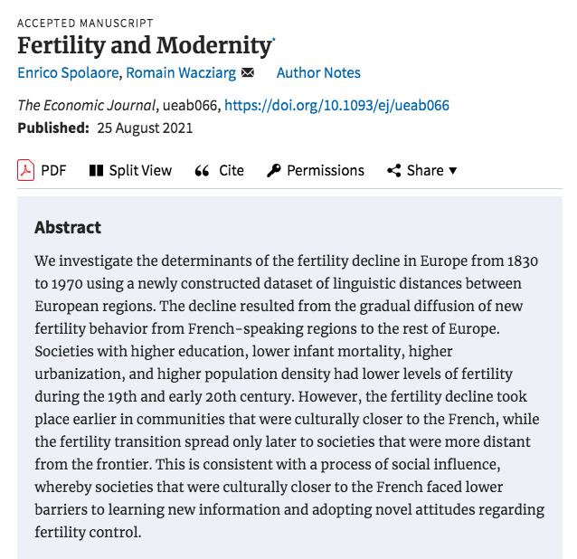 Recently accepted by EJ: "Fertility and Modernity" by Enrico Spolaore &amp; Romain Wacziarg academic.oup.com/ej/advance-art…