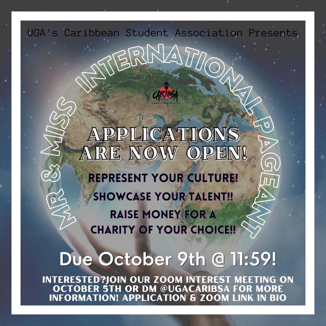 UGACaribSA's tweet photo. Are you proud of your culture? Nows the time to showcase your heritage in CaribSA’s annual Mr. and Miss International Pageant! Not limited to Caribbean culture, we want to see people from all around the world! Application closes October 9th! https://t.co/V2M25iILyZ