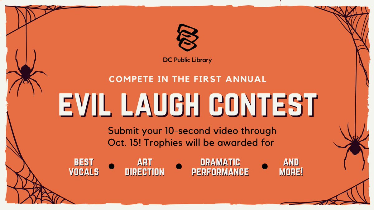 dcpl's tweet photo. Something Wicked This Way Comes...and it's you! Just in time for spooky season, we are launching our #EvilLaughContest! Send us a video of your spine-tingling laugh for a chance to win a trophy and earn some SERIOUS villain street cred! https://t.co/8itdhgE0G8 https://t.co/GH71G1q4MR