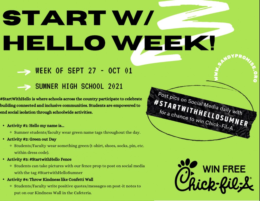 sumner_guidance's tweet photo. It’s Start With Hello Week at Sumner! This initiative started with the Sandy Hook promise to end social isolation on school campuses. Today we’re wearing name badges and introducing ourselves to people we don’t know! So proud of our Stingrays #startwithhellosumner @HCPS_SumnerHS https://t.co/XDH3qiU4yf