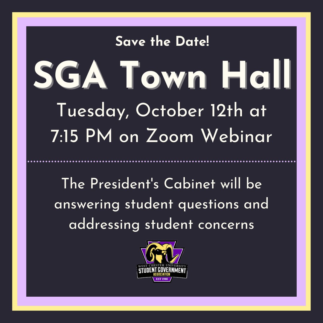 WCU_SGA's tweet image. Mark your calendars, our Town Hall is set for 10/12! Start thing of questions or concerns you may want to submit so the President's Cabinet can address it! #townhall #wcupa #studentconcern #ramsup