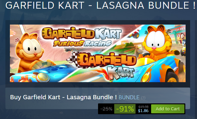 Garfield Kart - Lasagna Bundle is $1.86 on Steam bit.ly/3ixWCfh