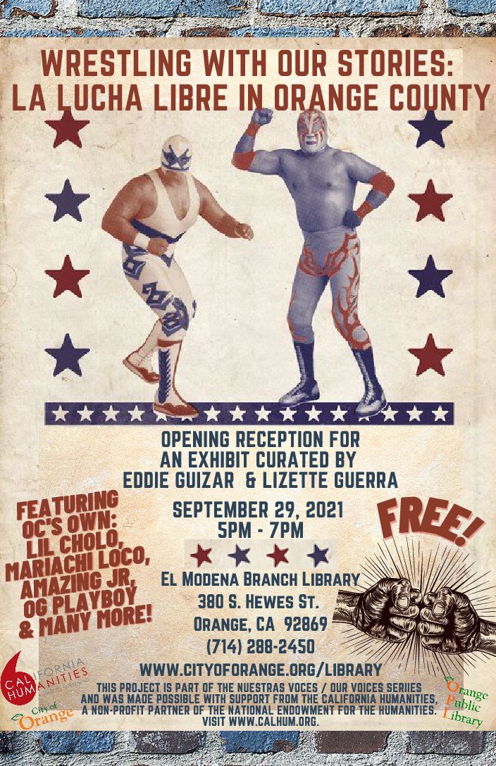 CA_Humanities's tweet photo. Celebrate Hispanic Heritage Month on Wednesday with an exhibit about luchadores. This #OrangeCounty Library event highlights professional luchadores path to the sport & the role of the community in their success. #LibraryInnovationLab https://t.co/gRFAdryh3E https://t.co/SqX5GEhrcv