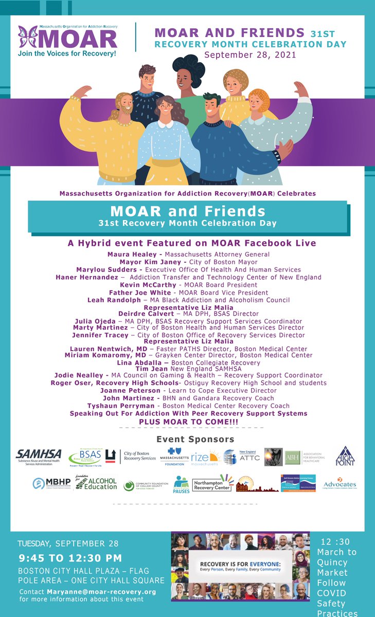 Tomorrow is Recovery Day, when people across the state celebrate recovery and discuss issues important to reducing substance use disorder.

The event will happen in Boston City Hall Plaza from 9:45am to 12:30pm and be livestreamed by <a href="/MoarRecovery/">MOAR-Recovery</a>:
facebook.com/MOARRecovery