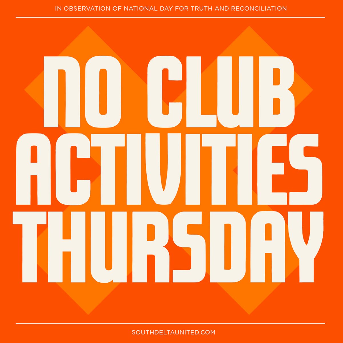 In observance of National Day for Truth and Reconciliation, there will be no club activities this Thurs, Sep 30.
 
For further info, pls see link in bio. If you would like to share additional resources w our community, pls link to them w a reply.

Kindly, SDU