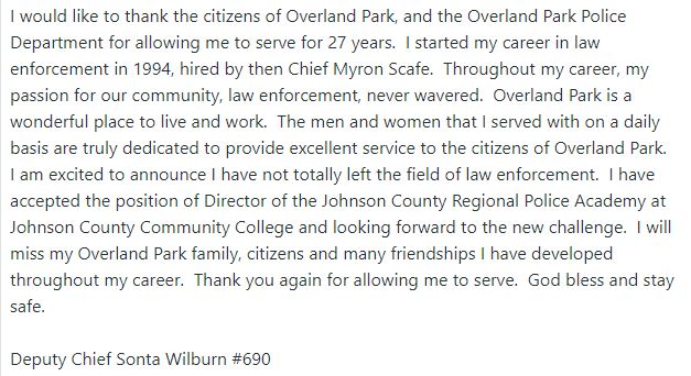 OverlandPark_PD's tweet photo. We will miss your leadership.  Enjoy your retirement! https://t.co/tIjKGF2ER9