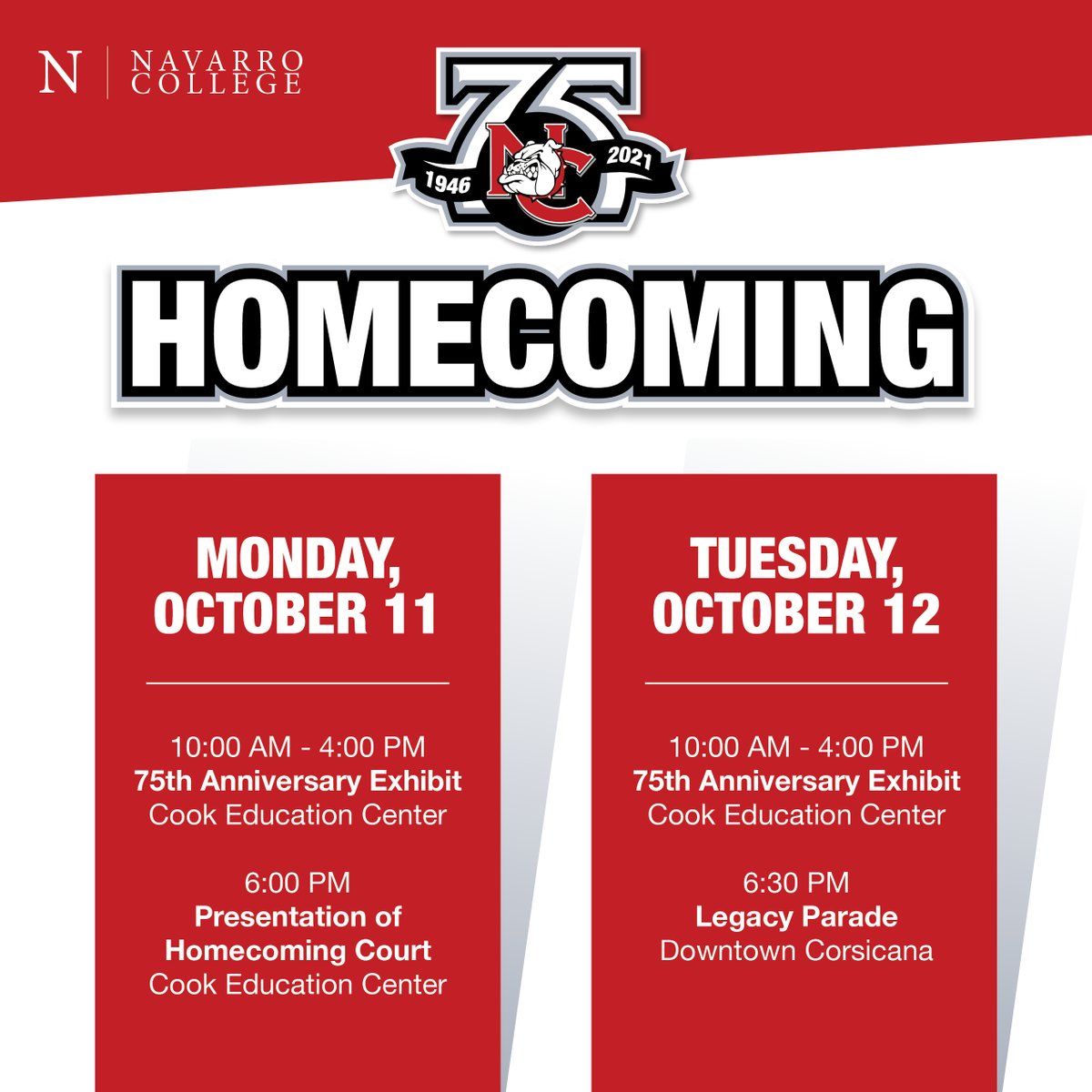 NavarroCollege's tweet photo. We are TWO WEEKS away from Homecoming Week!

We are celebrating our 75th Anniversary so this will be our biggest year yet!

Grab your friends and family and join us for these fun celebrations! https://t.co/COPUQInTmt