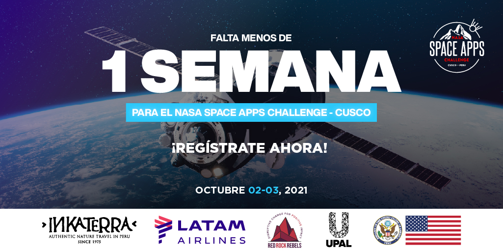 NasaPeru's tweet photo. La cuenta regresiva para el Space Apps Challenge Cusco - 2021 ha comenzado.

Recuerda que tienes hasta el 01 de Octubre para poder registrarte en el evento y armar tu equipo, siguiendo las guías en la web.

🛰️ Regístrate aquí: 
https://t.co/z44SA61dnb https://t.co/WlJwEMbBX0
