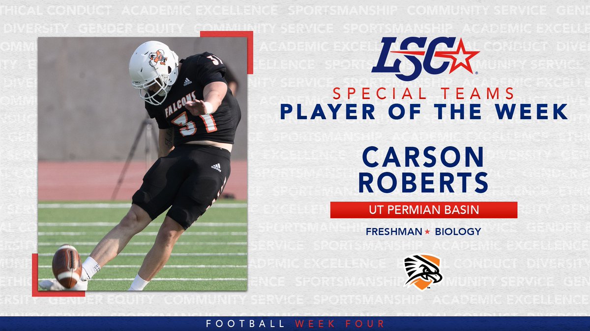 LoneStarConf's tweet photo. #LSCfb Special Teams Player of the Week: @utpbfalcons Carson Roberts

🔗 https://t.co/FZBoEzF2is

#D2FB https://t.co/EOYOGhwQoQ