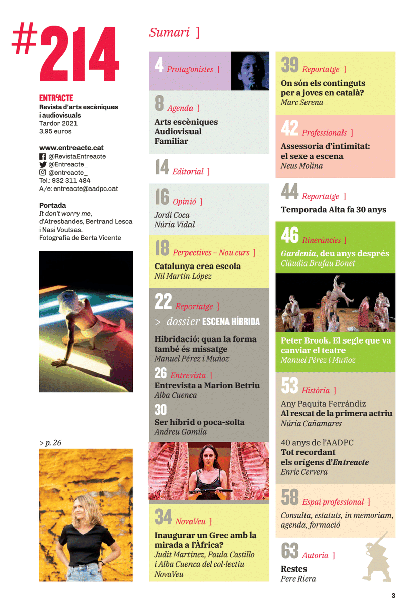 Entreacte_'s tweet photo. Atenció al sumari de l'#Entreacte214:
🎒Escoles per a intèrprets
🍄Llenguatges híbrids (@Festival_TNT)
🎂30 anys de @temporadaalta (Alain Platel, Peter Brook)
📱 Audiovisuals per a joves en català
✍️Text inèdit de Pere Riera
... i més!
Aquesta setmana iniciem la distribució! https://t.co/tcazr8UBel