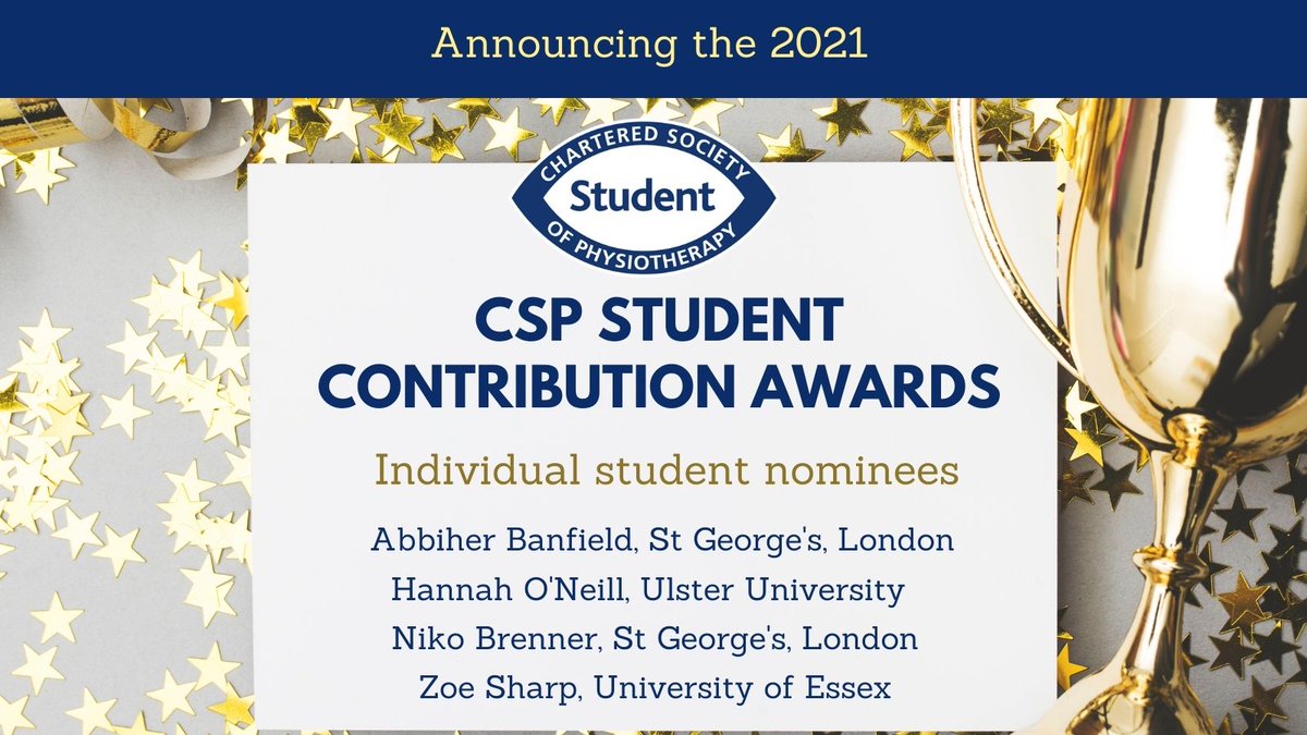thecspstudents's tweet photo. We're very pleased to announce the 2021 nominees for @theCSP Student Contribution Awards - individual student category:
🥁
Abbiher Banfield @StGeorgesUni
Hannah O'Neill @UlsterHealthSci
Niko Brenner @StGeorgesUni
Zoe Sharp @UniversityofEssex

The winner will be announced tomorrow https://t.co/7TPuaU9oFv