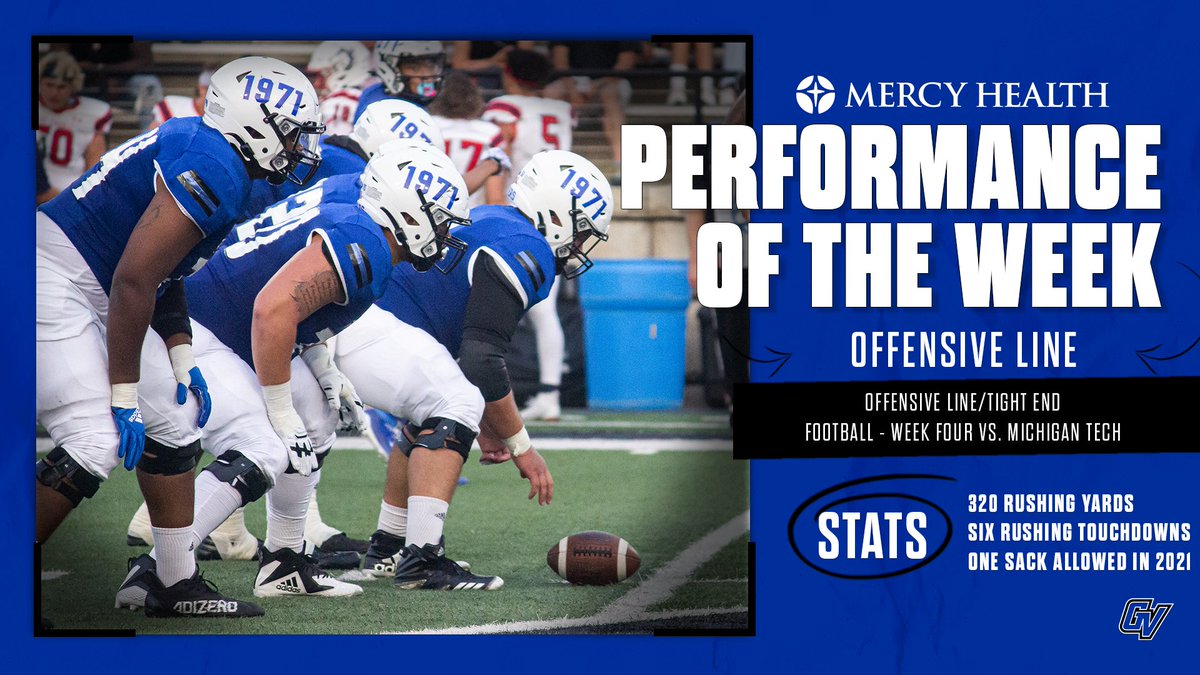 gvsulakers's tweet photo. The big guys up front get some love as the @MercyHealthWM Performance of the Week! 

Another dominating rushing performance (and solid pass protection) by the Lakers this week on the road at Michigan Tech! https://t.co/GCnRY2fjTF