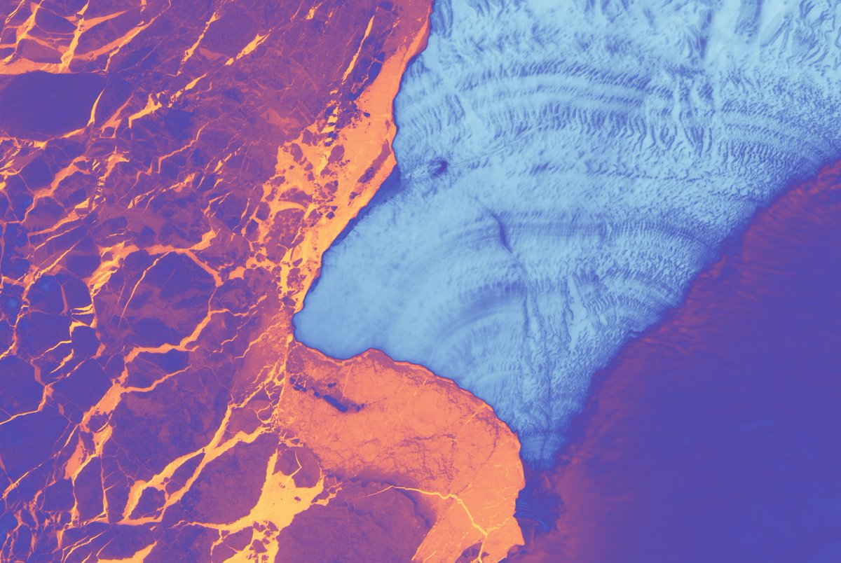 False color infrared image of the Brunt Ice Shelf, as taken by the Landsat 8 Earth-observing satellite. This image resembles art in that it pops in shades of vivid orange, purple and blue. Whiter/bluer tones represent a colder thermal signature and orange/purple tones represent a warmer thermal signature.