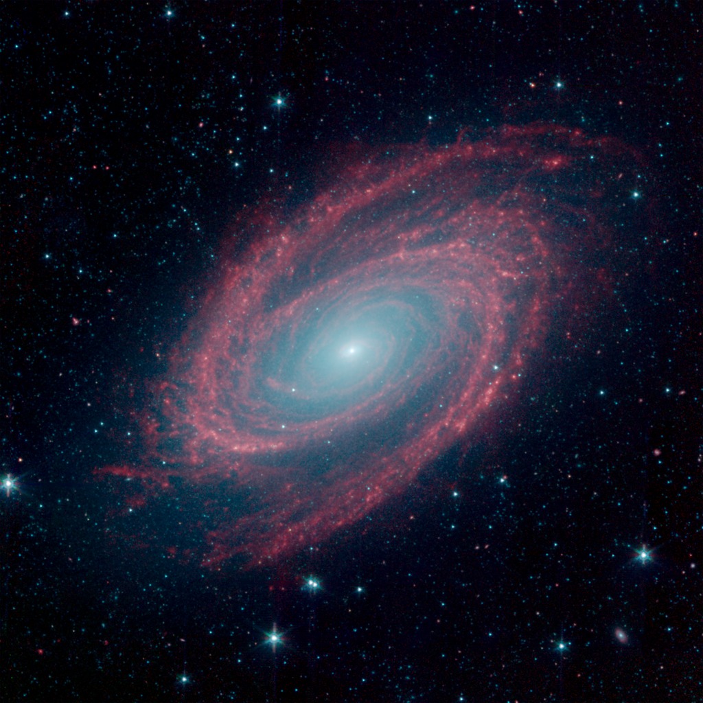 Image of the Messier 81 galaxy. Shows spiral galaxy with red arms swirling around a glowing blue center. Taken in infrared by the Spitzer Space Telescope