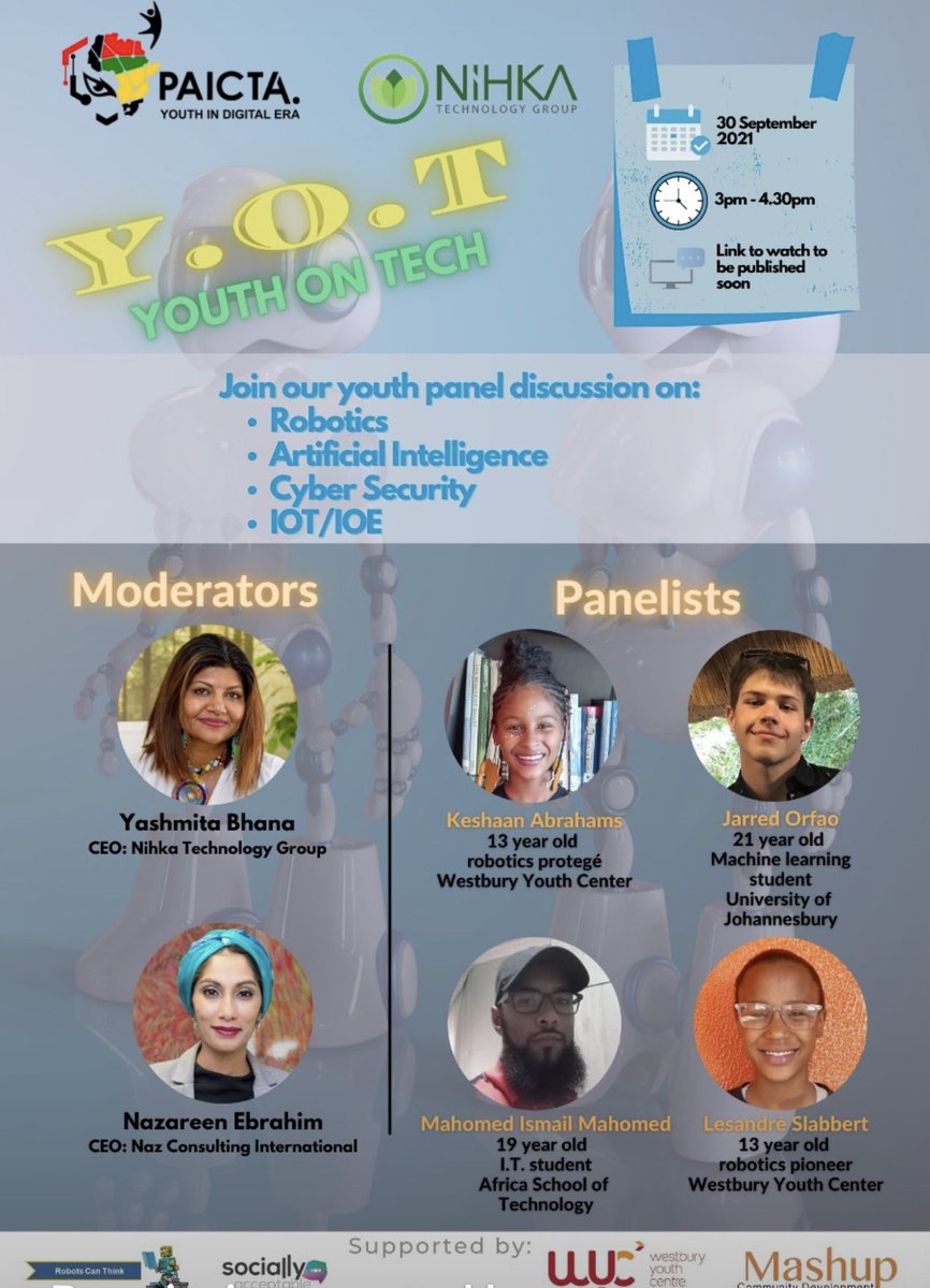 robotscanthink's tweet photo. We are honoured to support this event! 13yr old females on a panel discussing AI+Robotics 🙌🏾 @WestburyYouthC @NazareenE @YashmitaBhana @NihkaTechGroup @women_in_ai @Wics_UCT #youthinai #AIforAll #ai https://t.co/6uwAfal6C7