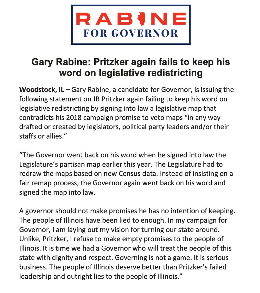 GaryRabine's tweet photo. In my campaign for Governor, I am laying out my vision for turning our state around. Unlike, Pritzker, I refuse to make empty promises to the people of Illinois. #RabineForGovernor #PavingTheWayToStay https://t.co/kzWptLFWkz