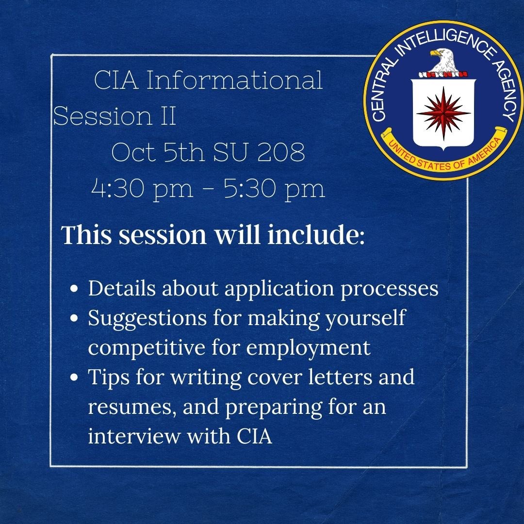 UNLVcareersvcs's tweet photo. Interested in pursuing a career in the CIA? Check out their info sessions on October 5 in the SU room 208! 
#UNLV #Rebels #CIA #GoRebels #UnlvBound https://t.co/S0sCF0fYAT