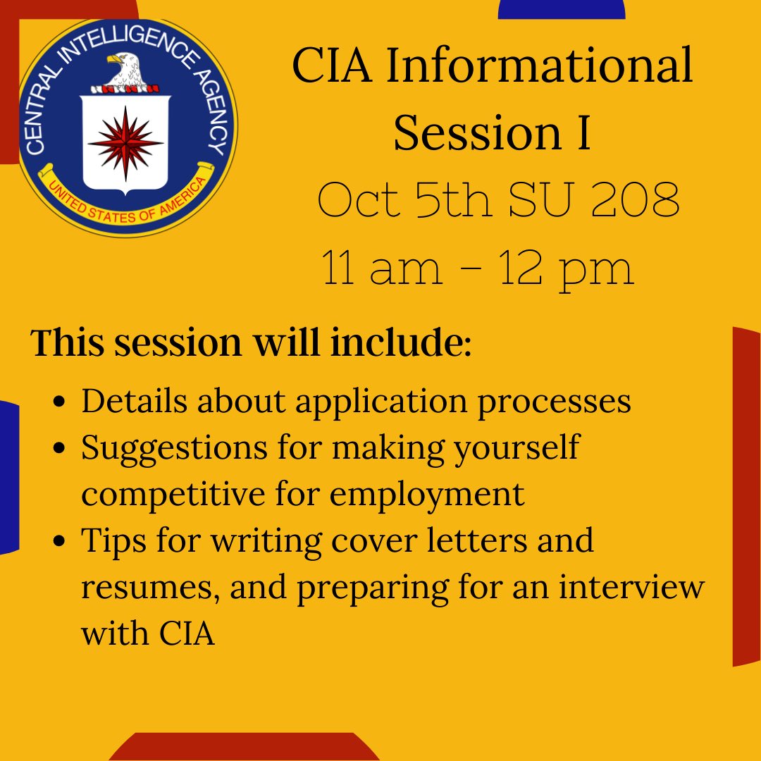 UNLVcareersvcs's tweet photo. Interested in pursuing a career in the CIA? Check out their info sessions on October 5 in the SU room 208! 
#UNLV #Rebels #CIA #GoRebels #UnlvBound https://t.co/S0sCF0fYAT