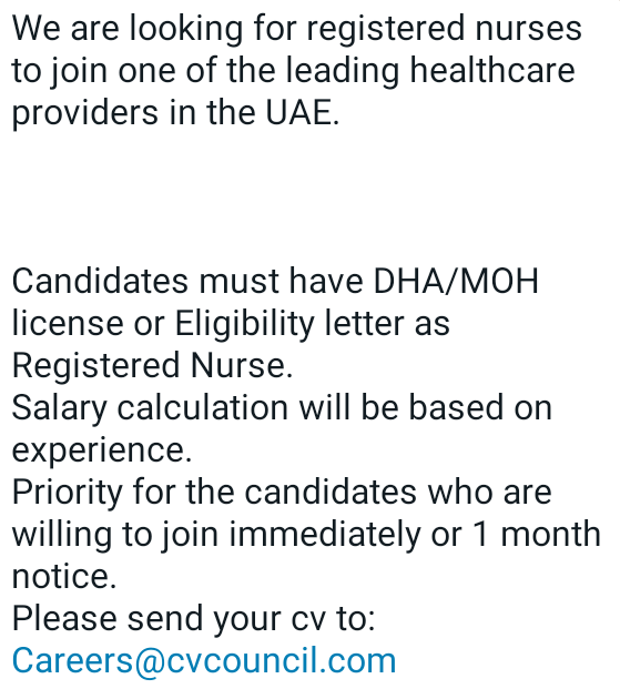 Careers@cvCouncil.com
Cvcouncil.com

#hiring #UAE #nurses #job #cvcouncil #nursejobs
