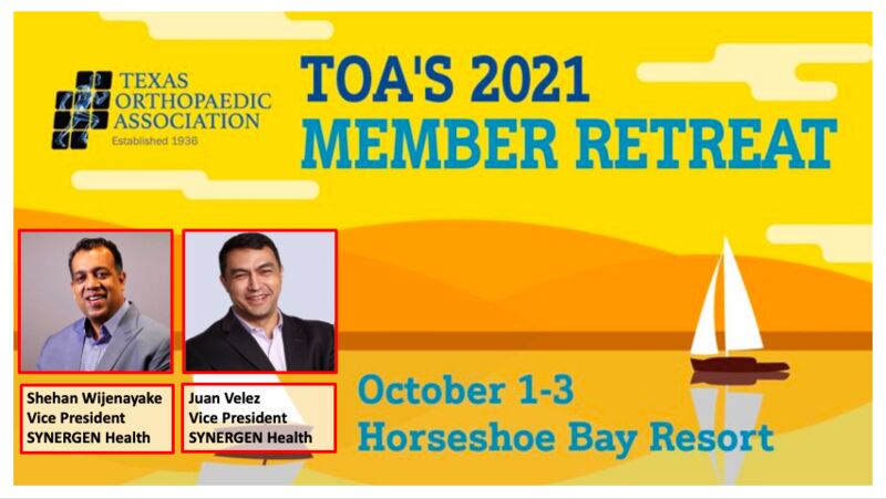 <a href="/SYNERGENHealth/">SYNERGEN Health</a> is excited to participate in Texas Orthopaedic Association (TOA) 2021 Member Retreat.

Founded in 1936, TOA is the voice of #Texas Orthopaedic Surgeons.

Come by and say hello to Shehan Wijayanayake and Juan velez from <a href="/SYNERGENHealth/">SYNERGEN Health</a> 

#revenuecyclemanagement