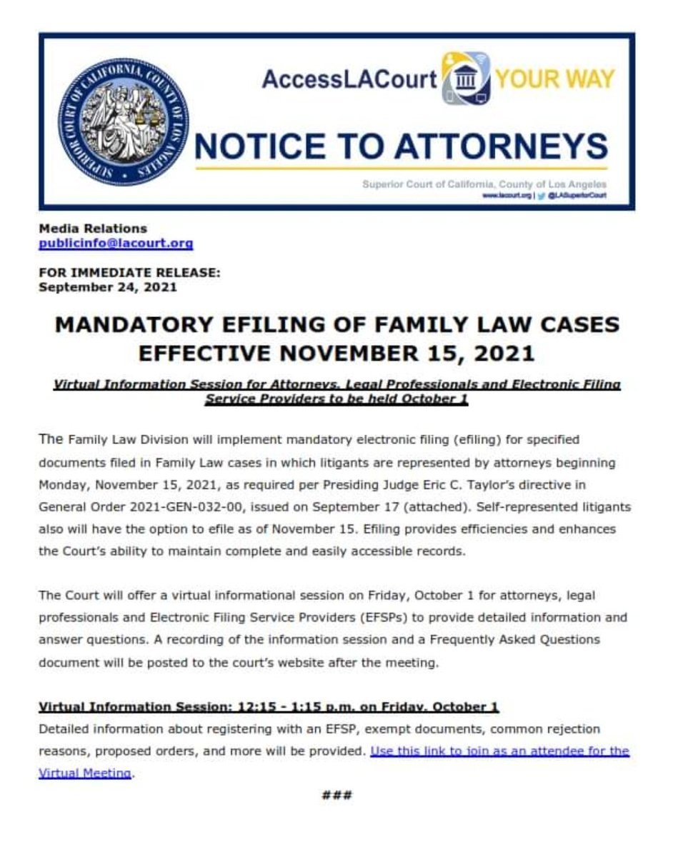 ExpressNetwork5's tweet image. Good Morning Everyone,

Effective November 15,2021 mandatory efiling for Family Law Cases.

#law #familylaw #familylawyer #familylawattorney #familycourt #family #courts #efiling #ExpressNetwork #updates #familylawyers
