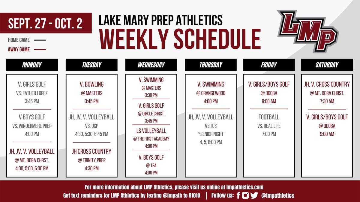 LMPathletics's tweet photo. Happy Monday Griffins! Here’s a look at this week’s LMP Athletics schedule. #onelmp https://t.co/uorwZvDIPi