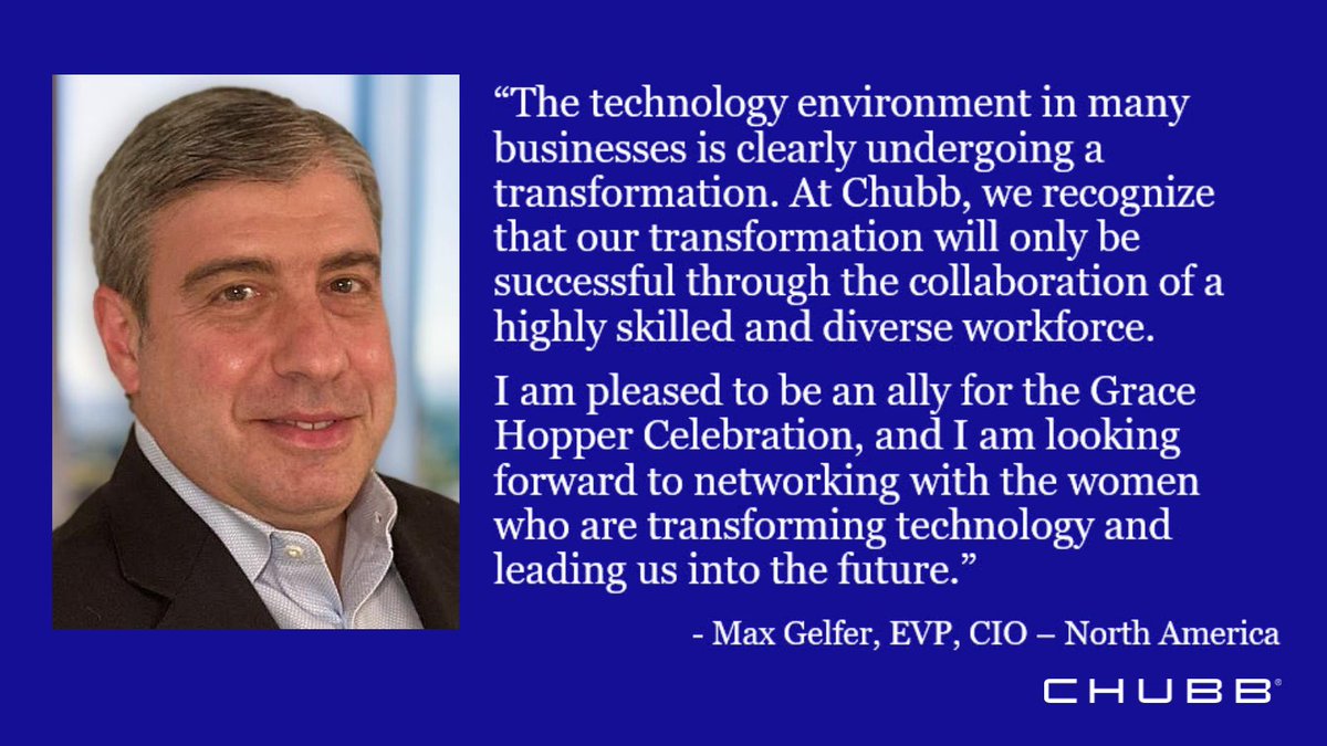 ChubbNA's tweet photo. We’re proud to be participating in this week’s @AnitaB_org Grace Hopper Celebration, a virtual conference connecting thousands of women in technology. Max Gelfer, EVP, CIO – North America, shares why he is participating: 
#VGHC21 #WomeninTech #DareToTransform https://t.co/YB8ZT2hy1q