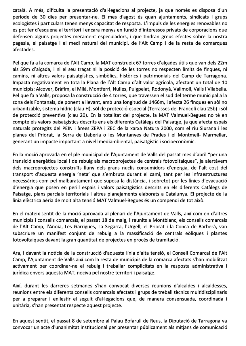 VallsAjuntament's tweet photo. Ple | S'aprova per unanimitat la moció presentada pels grups municipals de @JuntsXValls, @Esquerra_Valls, @CompromisxValls i @cupvalls de rebuig al projecte de línia aèria de molt alta tensió MAT Valmuel-Begues.

#Valls #PleValls https://t.co/Oh7998hAMQ