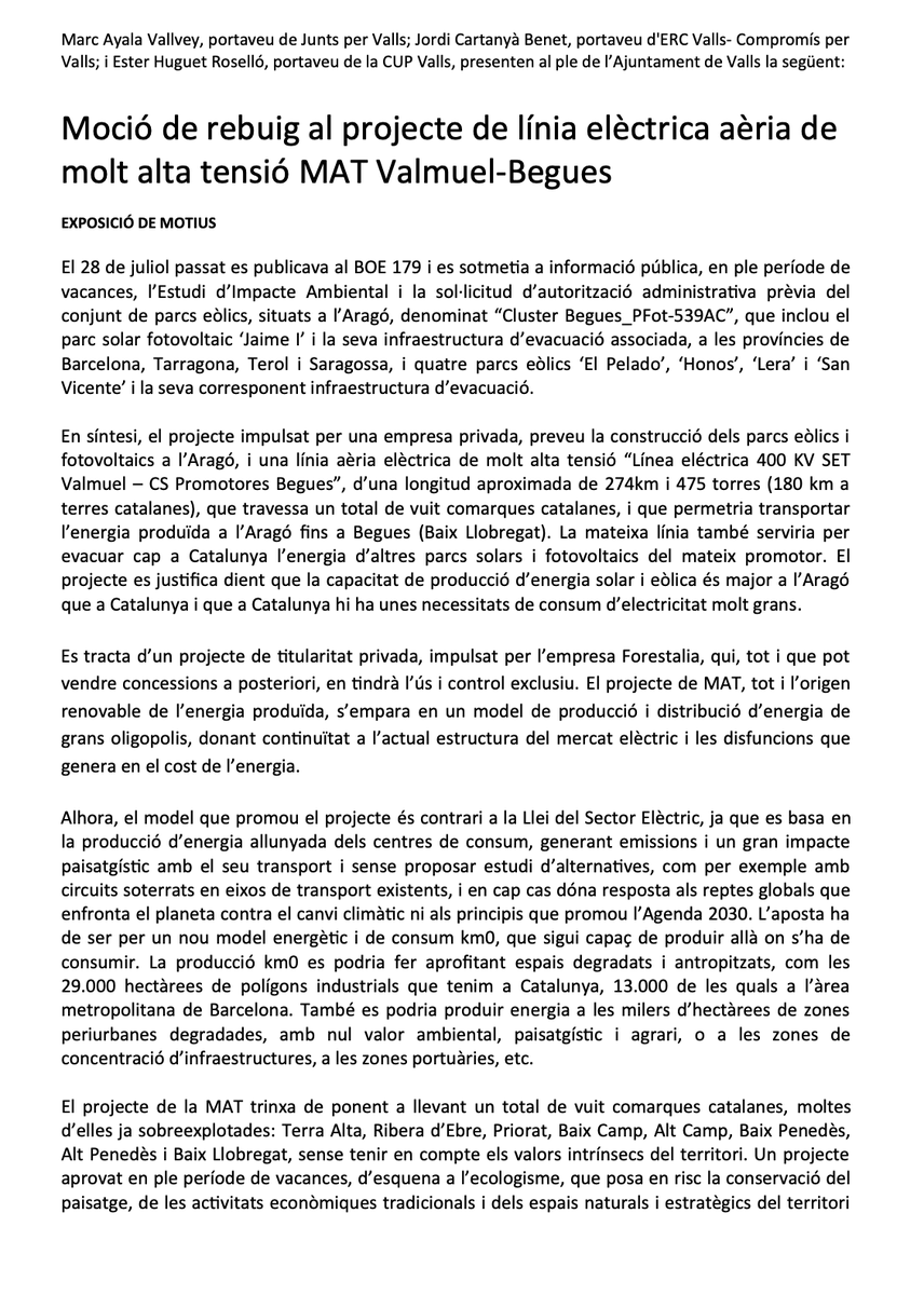 VallsAjuntament's tweet photo. Ple | S'aprova per unanimitat la moció presentada pels grups municipals de @JuntsXValls, @Esquerra_Valls, @CompromisxValls i @cupvalls de rebuig al projecte de línia aèria de molt alta tensió MAT Valmuel-Begues.

#Valls #PleValls https://t.co/Oh7998hAMQ