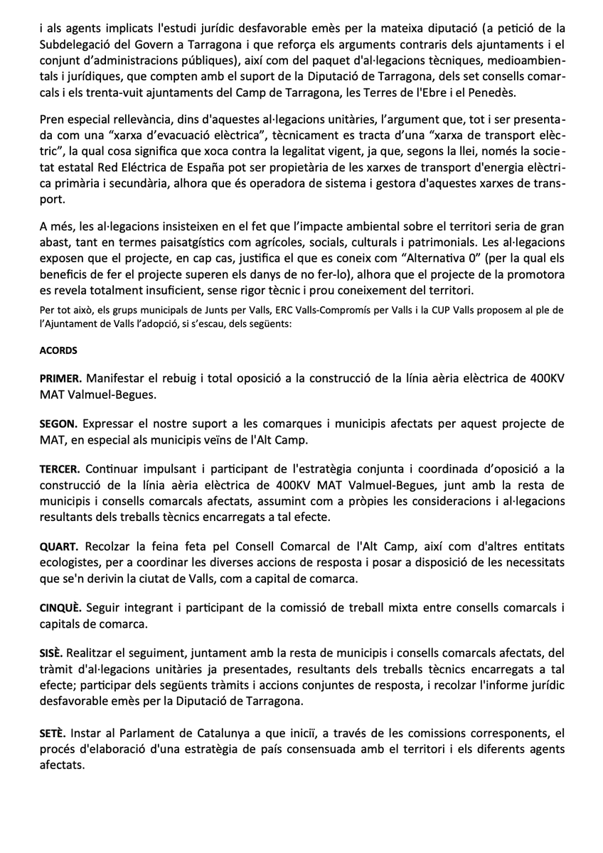VallsAjuntament's tweet photo. Ple | S'aprova per unanimitat la moció presentada pels grups municipals de @JuntsXValls, @Esquerra_Valls, @CompromisxValls i @cupvalls de rebuig al projecte de línia aèria de molt alta tensió MAT Valmuel-Begues.

#Valls #PleValls https://t.co/Oh7998hAMQ