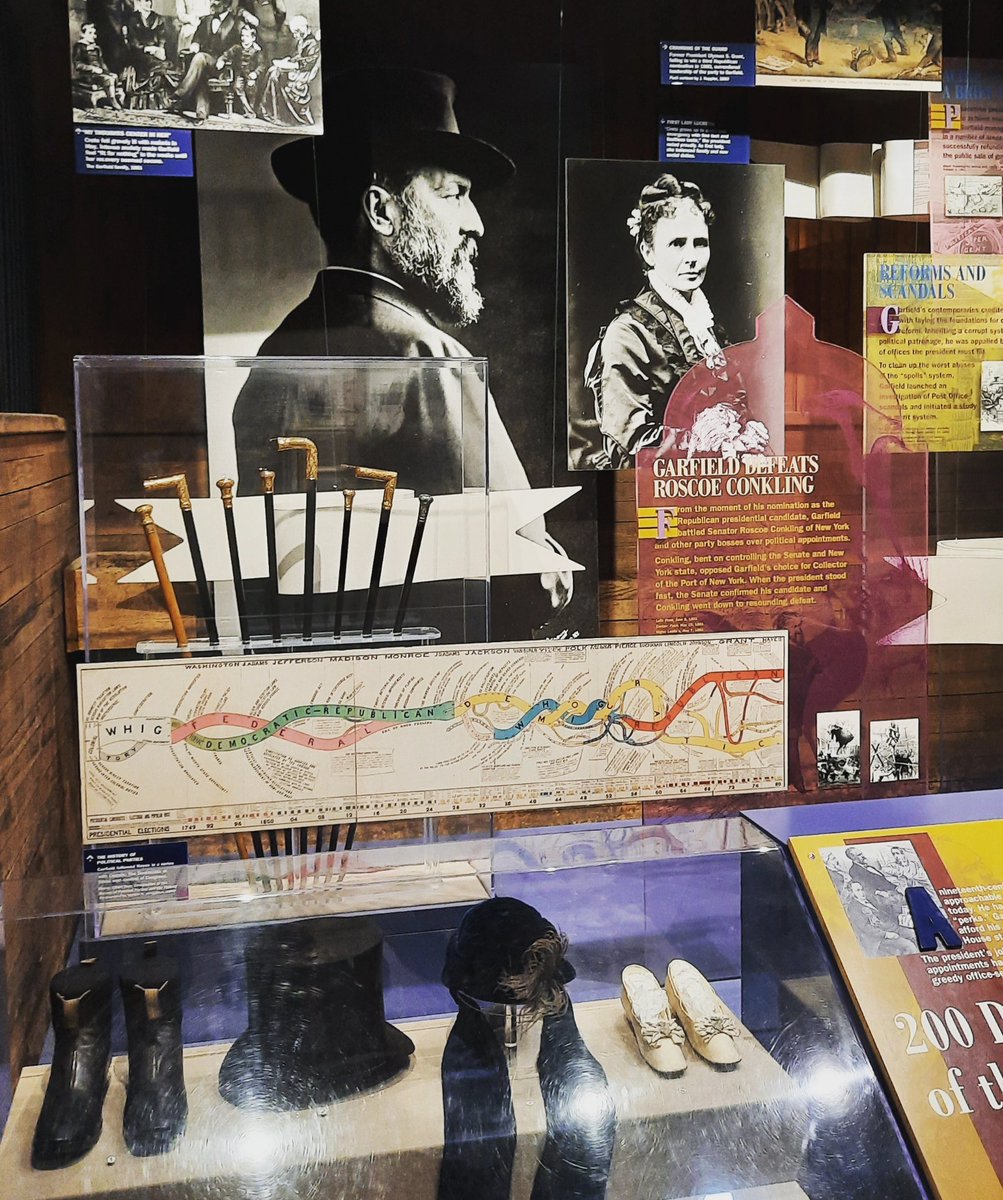 PrezPonderings's tweet photo. Canes, boots and hats that belonged to the Garfields on display at the visitor center of the home of 20th #POTUS James A. Garfield in Mentor, Ohio. #POTUS20 #FLOTUS20 #JamesGarfield #LucretiaGarfield @GarfieldNPS https://t.co/ekiJsgfGJJ