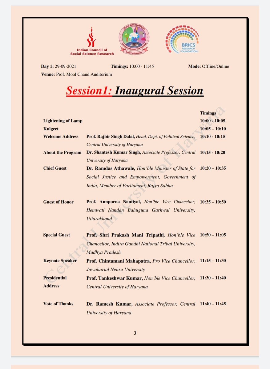 shanteshjnu's tweet photo. The Department of Political Science, Central University of Haryana is organising two days ICSSR sponsored National Seminar, in collaboration with BRICS institute, during 29-30 September 2021.
Please find below the schedule of the seminar (offline); https://t.co/GspjO8gZM4