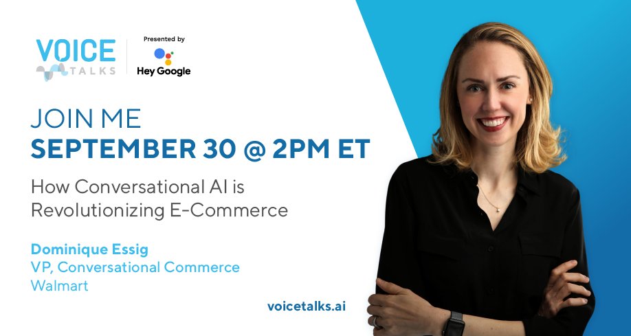 assistantdevs's tweet photo. #HeyGoogle, what's the next episode of @VoiceTalksAI? 📲👇
 
Join guest speaker, Dominique Essig on Sept. 30 at 11:00 am PT who'll share how @walmart is using #GoogleAssistant to help customers shop faster and easier. 🛒
 
Subscribe to watch 👉 https://t.co/RQvyVRCHdm https://t.co/iRwbcAjez3