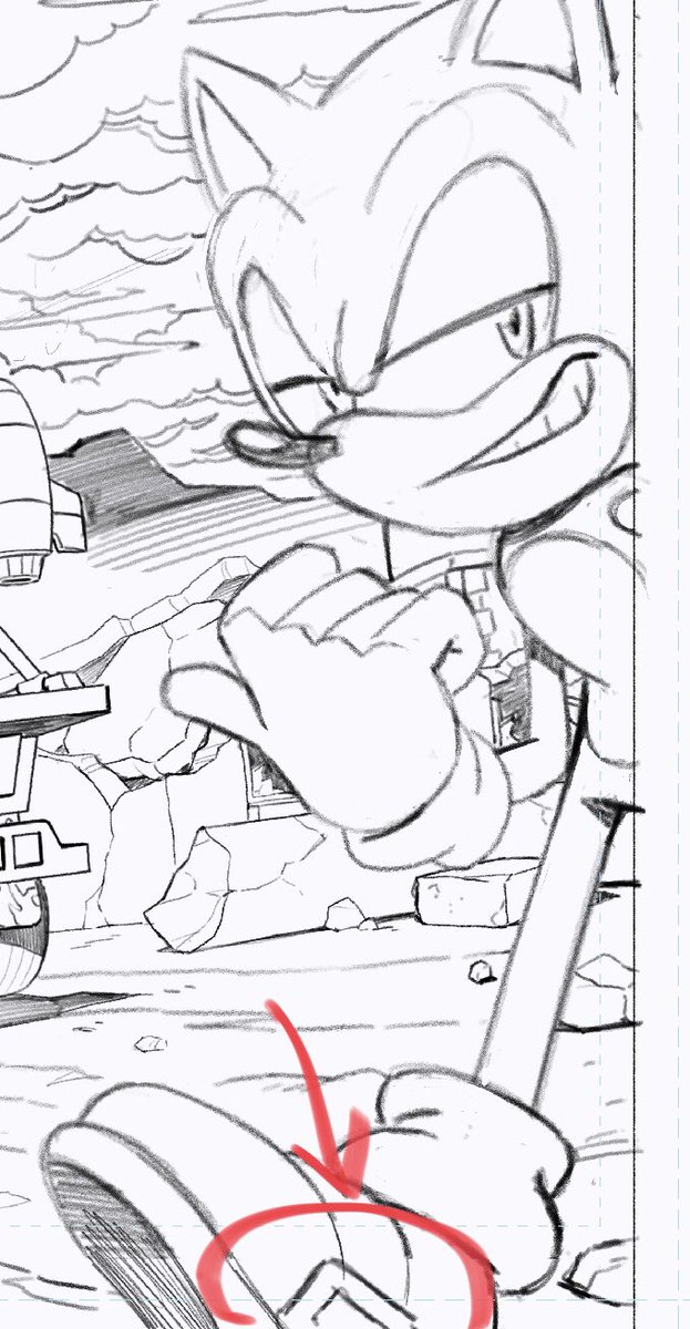 Also on page 1, I drew the buckle on the wrong side of Sonic's shoe. I was probably half asleep or something when drawing that panel. /3