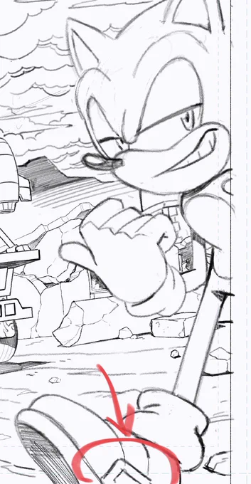 Also on page 1, I drew the buckle on the wrong side of Sonic's shoe. I was probably half asleep or something when drawing that panel. /3 