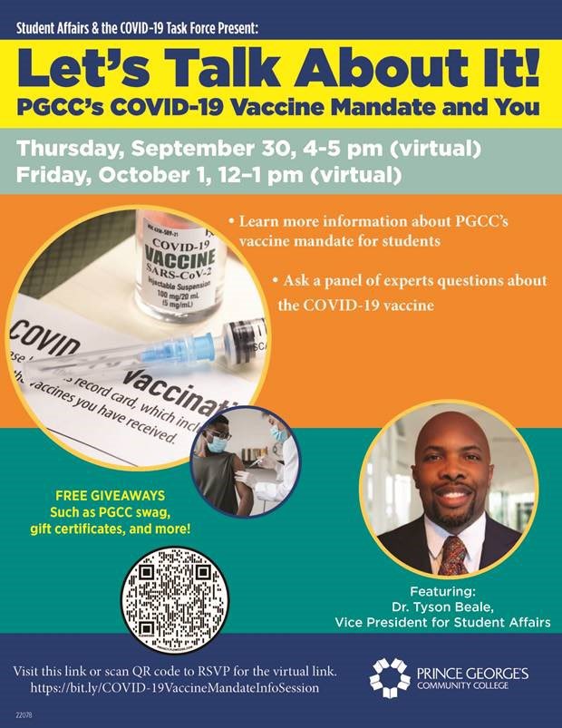 Let's Talk About It! Learn about the #PGCC COVID-19 Vaccine Mandate and you! bit.ly/COVID-19Vaccin…