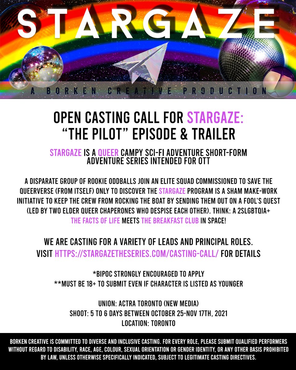 IT'S HAPPENING!!! IT'S REALLY REALLY HAPPENING!! 

OPEN CASTING CALL FOR QUEER SCI-FI SERIES PILOT

VISIT stargazetheseries.com/casting-call/ FOR DETAILS!

PLEASE SHARE WIDELY! NOTE: THIS IS FOR TORONTO

#LGBTQ #LGBT #QUEER #CASTINGCALL #SCIFI