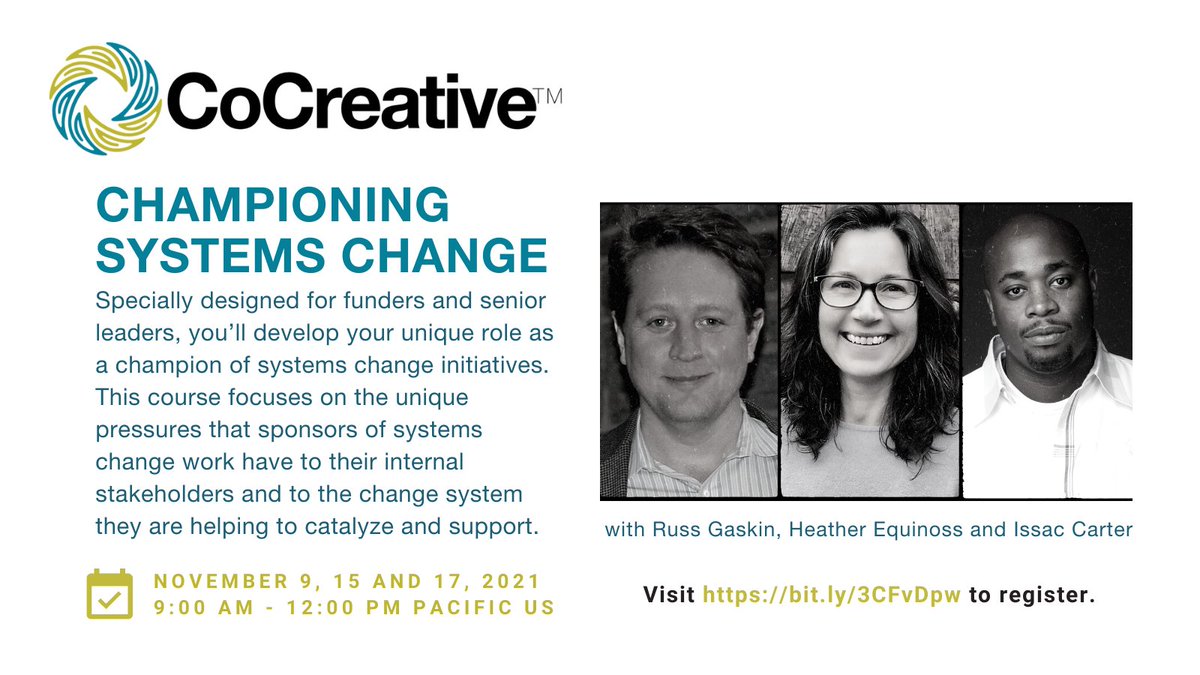 ON OUR RADAR 📣 @WeAreCoCreative announces Championing Systems Change, a workshop to be held in Nov for #funders and senior leaders. Join to develop your unique role as a champion of #systemschange initiatives. 

Details &amp; registration here: bit.ly/3ABBIT4 #philanthropy