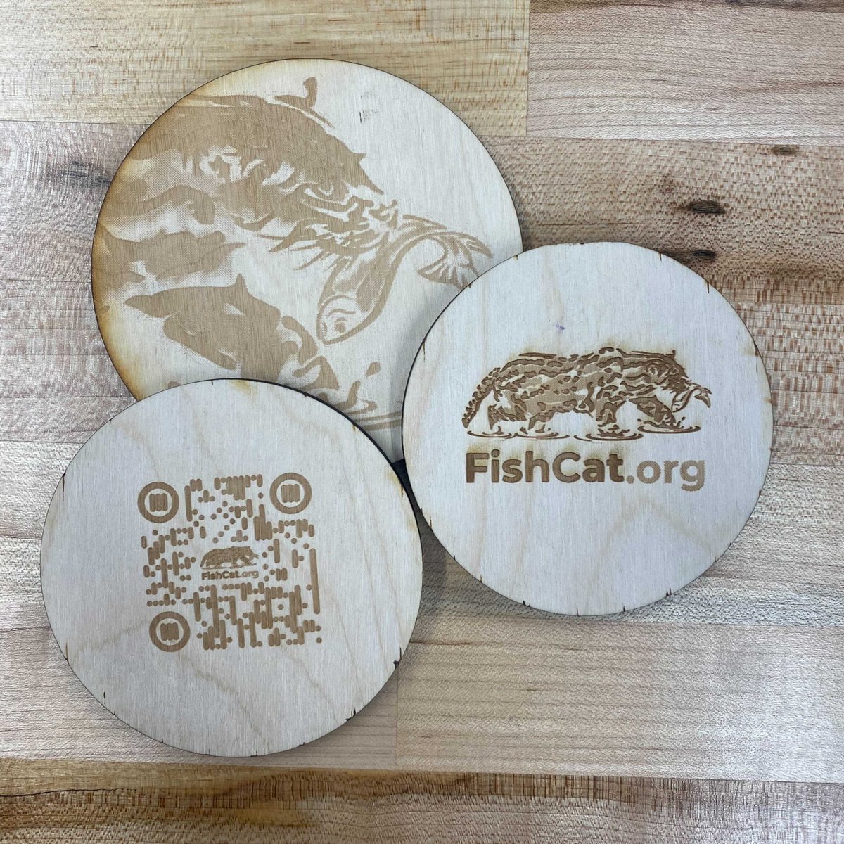 Today we made some prototype coasters on our laser cutter for <a href="/fishcatorg/">FishCat</a>! 
"Working to protect and restore earth’s most valuable ecosystems" If you want to learn more about them, go to: Fishcat.org