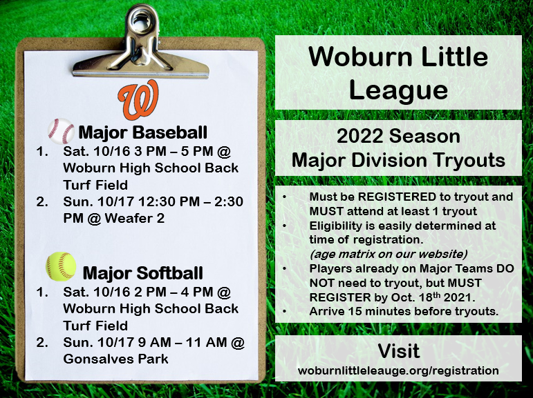 Woburn Little League is preparing for our Spring 2022 season. We are holding tryouts for Major Baseball and Major Softball on October 16th and 17th. See our site for more information. Registration is required to attend tryouts. ow.ly/6eZi50Ghv6O