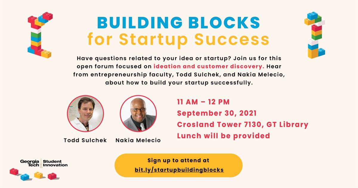 GaTechCAE's tweet photo. Join us on Thurs., Sept. 30 at 11 am for lunch and an interactive session on getting started with an idea and finding customers with entrepreneurship faculty Todd Sulchek and Nakia Melecio.

Sign up at https://t.co/u5C1y1a47J

#startups #entrepreneurship #ideation #gtinnovation https://t.co/4uT1DJOj3C