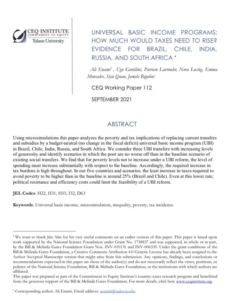 Quantifying tradeoffs in universal #BasicIncome: how much should taxes be raised in #Brazil, #Chile, #India, #Russia &amp; #SouthAfrica to eliminate #poverty?

Our <a href="/CEQinstitute/">Commitment to Equity</a> paper w/<a href="/Ali_Enami/">Ali Enami, Ph.D.</a> <a href="/noralustig/">Nora Lustig</a> <a href="/JameleRigolini/">Jamele Rigolini</a> <a href="/MonsalveEmma/">Emma Monsalve</a> 
Larroulet &amp; Quan

👇
repec.tulane.edu/RePEc/ceq/ceq1…