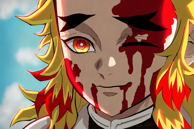 名探偵すいか🤖さんがTwitterに投稿した煉獄杏寿郎(鬼滅の刃)のイラスト。